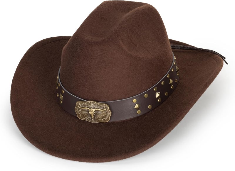 Eohak Womens Western Cowboy Hats Studded Pinched Western Cowgirl Hats Wide Brim Fedoras Hat with Belt Buckle (Size:Medium) - Image 4
